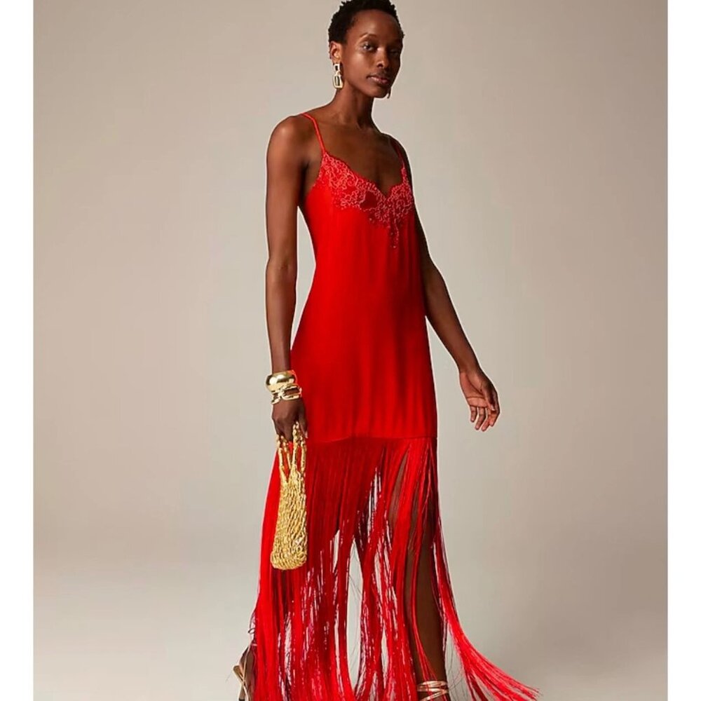 NWT J.Crew Collection Fringe Trim Slip Dress In Scarlet Heat Size 8